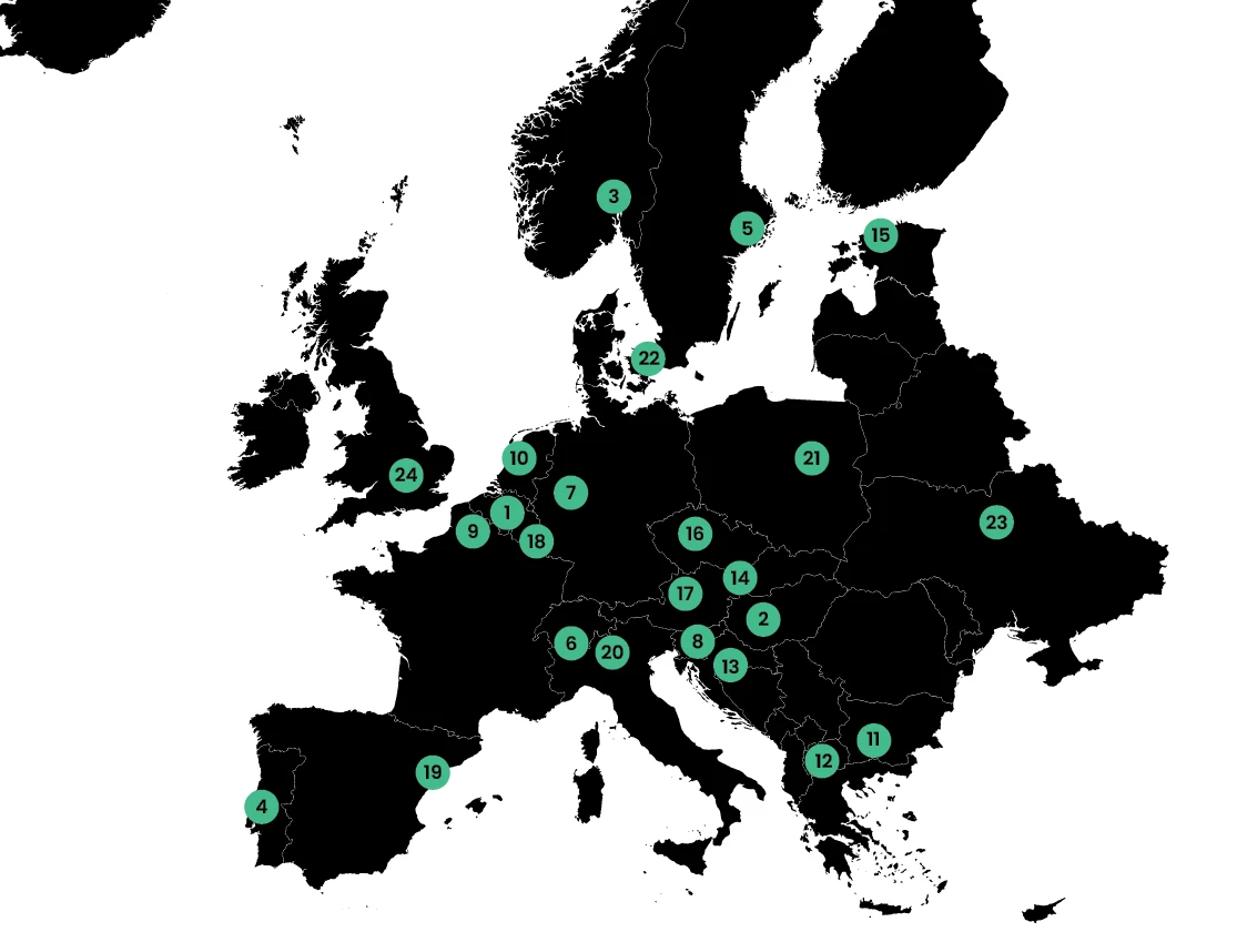 Karta över Europa där scenerna är numrerade